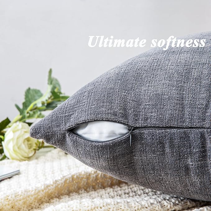 GAWAMAY Decorative Chenille Throw Pillow Covers 24x24 Inch Pack of 2, Soft Square Couch Pillow Cover for Sofa Cushion Living Room Bedroom Solid Dyed Pillowcases Grey 60x60cm (ONLY Covers)