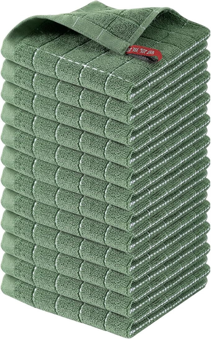 Homaxy 100% Cotton Terry Kitchen Dish Cloths, Ultra Soft and Absorbent Dish Towels for Kitchen, Suitable for Drying and Washing Dishes, 12 Pack, 12 x 12 Inches, Grass Green