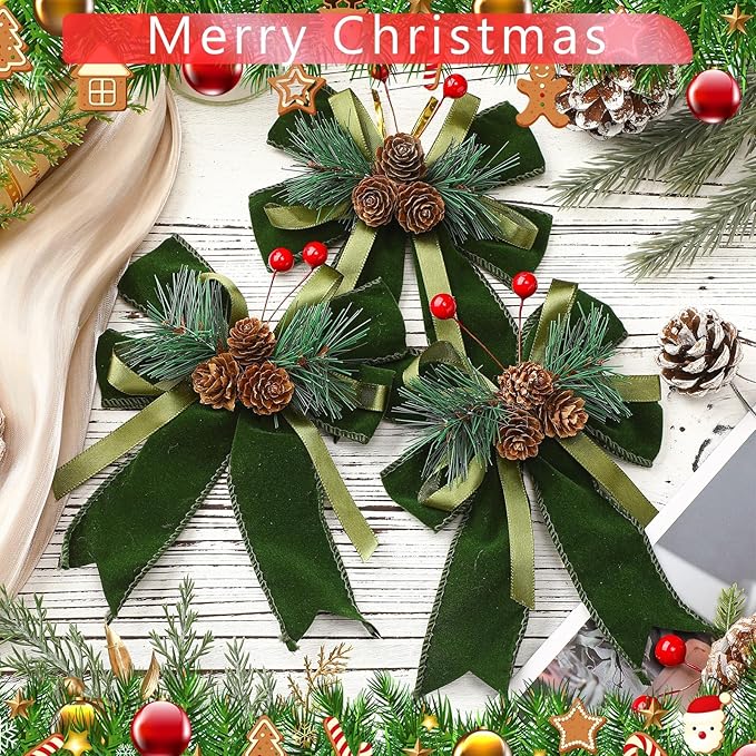 Syhood 6 Pcs Christmas Bows with Pine Cones Pine Needles Xmas Velvet Bows Sage Green Ribbon Christmas Tree Wreath Decoration for Xmas Parties Indoor Outdoor Crafts DIY Decor