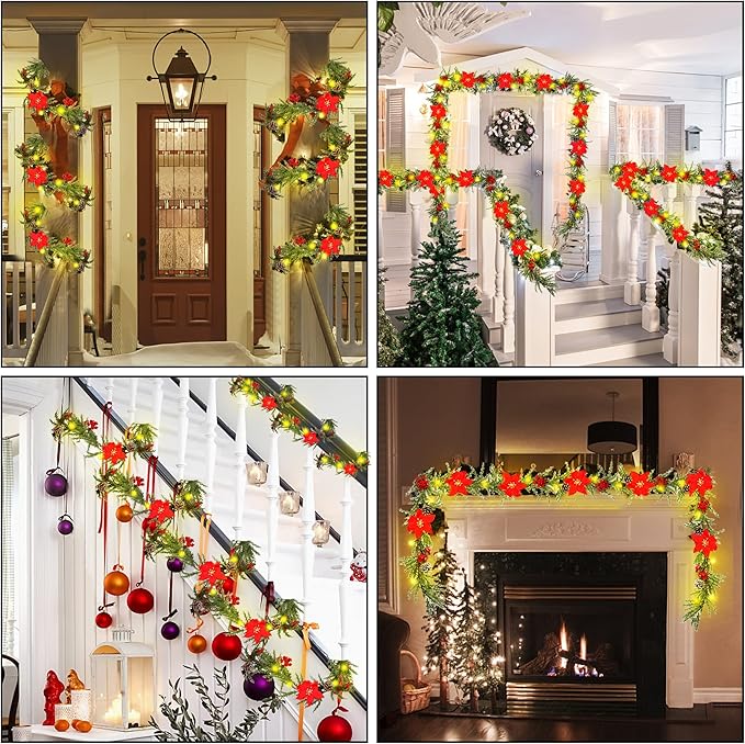 DR.DUDU 9 FT Pre-lit Artificial Christmas Garland with 30 LED Lights, Battery Powered with Pine Cones, Red Berries, Pine Needles, Lighted Christmas Wreath for Holiday Party, Xmas Tree Decorations
