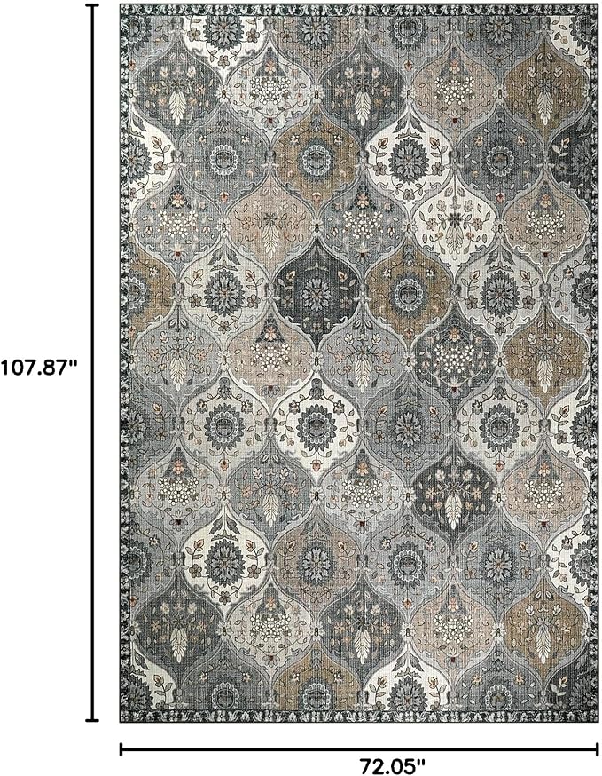 Lahome Moroccan Washable Area Rug 6x9, Ultra-Thin Large Living Room Rugs for Bedroom, Oriental Trellis Distressed Non Shedding Throw Carpet for Dining Room Office, Grey