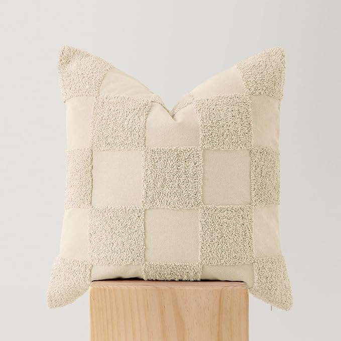 Double Stitch 100% Cotton Throw Pillow Covers - Checkered Tufted Boho Decorative Pillow Covers 20x20, Made in India, Square Cushion Case, Modern Home Decor for Couch, Sofa, Living Room, Beige