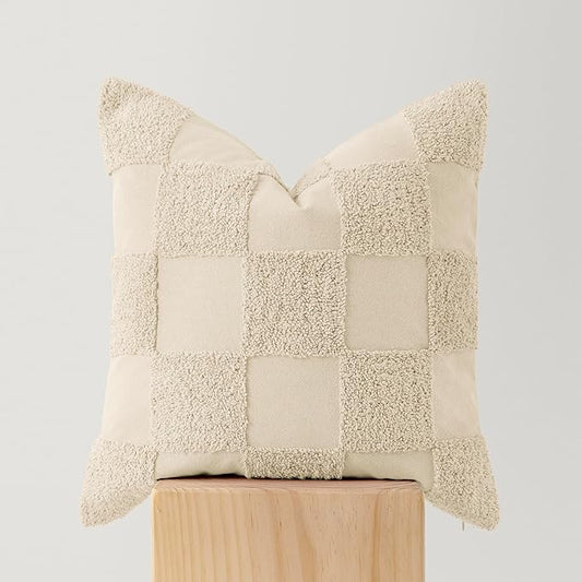 Double Stitch 100% Cotton Throw Pillow Covers - Checkered Tufted Boho Decorative Pillow Covers 20x20, Made in India, Square Cushion Case, Modern Home Decor for Couch, Sofa, Living Room, Beige