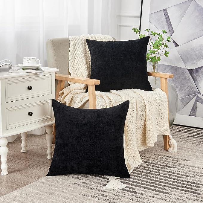 GAWAMAY Decorative Square Throw Pillow Covers 18"x18" Inch Set of 2, Super Soft Chenille Pillows Farmhouse Fall Pillowcase for Living Room Bedroom Sofa Couch Cushion Cover Black 45x45cm (No Insert)