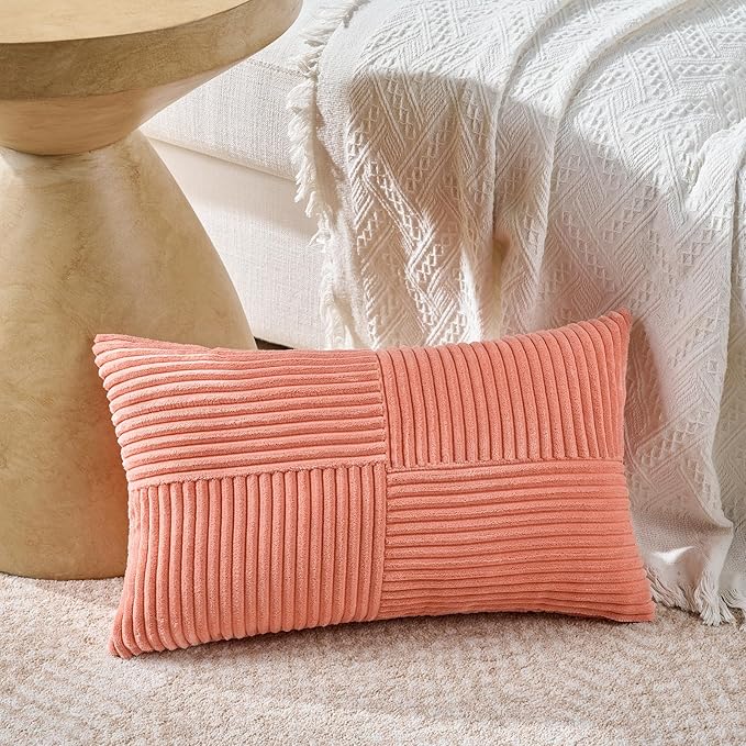 Fancy Homi 4 Packs Coral Lumbar Decorative Throw Pillow Covers 12x20 Inch for Living Room Couch, Rustic Farmhouse Boho Home Decor, Soft Striped Corduroy Rectangle Accent Peach Cushion Case 30x50 cm
