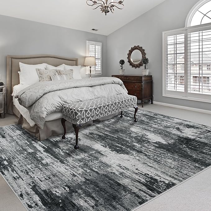 Area Rugs 9x12 Living Room: Large Machine Washable Area Rug with Non Slip Backing Non Shedding Abstract Stain Resistant Carpet for Bedroom Dining Room Nursery Home Office - Black