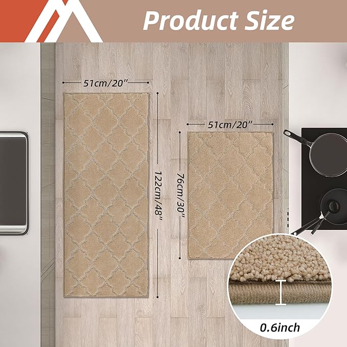COSY HOMEER Soft Kitchen Rugs [2 PCS] for in Front of Sink Super Absorbent Kitchen Floor Mats and Mats 20x30 Inch/20X48 Non-Skid Kitchen Mat Standing Mat Washable,Polyester,Beige