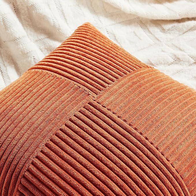 Fancy Homi Set of 4 Burnt Orange Decorative Throw Pillow Covers 18x18 Inch for Living Room Couch Bed, Boho Farmhouse Fall Home Decor, Soft Textured Corduroy Cross Patchwork Cushion Case 45x45 cm