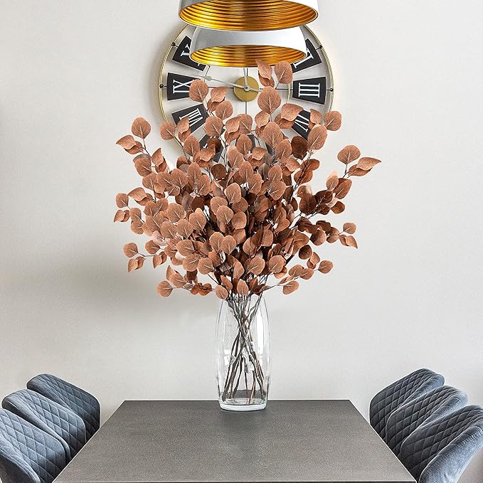 Sggvecsy 6 Pcs Fall Artificial Eucalyptus Stems Long Silver Dollar Leaves Fake Silk Eucalyptus Leaf Branches for Indoor Home Autumn Festival Thanksgiving Decor(Dark Brown)