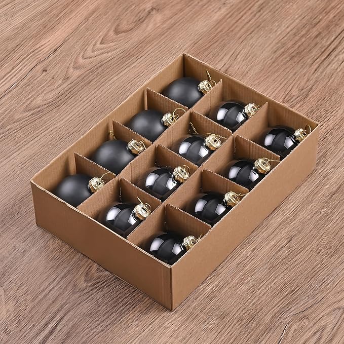 Black Glass Ornaments for Christmas Tree, Matte, Shiny, Clear Ball Ornaments, 12 Pcs Black Xmas Balls for Home Decoration, Thanksgiving, Party, DIY Gift