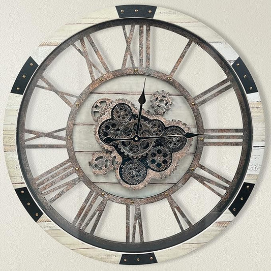 DORBOKER 24" Large Wall Clock with Moving Gears,Oversize Vintage Industrial Rustic Farmhouse Clocks for Living Room Decor Office Home,Solid Wood Retro Metal HD Tempered Glass Cover,Desert Beige