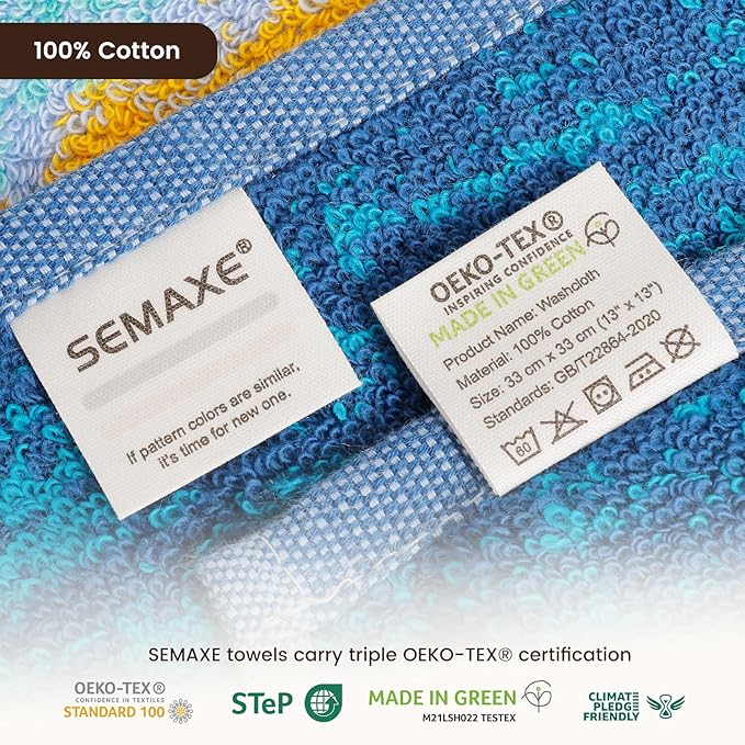 SEMAXE 100% Cotton Washcloths 12-Pack, 13 × 13 Inch Soft Luxury Face Towels – Super Absorbent & Quick-Dry, Premium Cloth with Hanging Loop, Oeko-TEX Certified, Gift-Ready Box