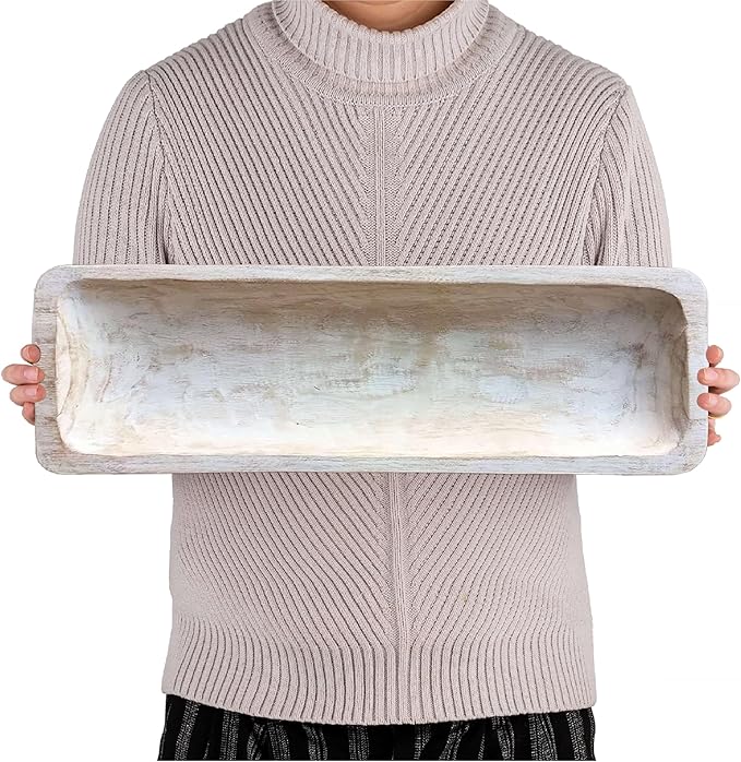 Wooden Dough Bowl Decor, Key Decorative Centerpiece Bowl, Hand Carved Baguette Bowl, Home Decor for Dining Table Center, Living Room, Kitchen (L20*W6.7*H2 inches) Rectangle-White