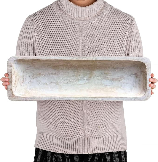 Wooden Dough Bowl Decor, Key Decorative Centerpiece Bowl, Hand Carved Baguette Bowl, Home Decor for Dining Table Center, Living Room, Kitchen (L20*W6.7*H2 inches) Rectangle-White