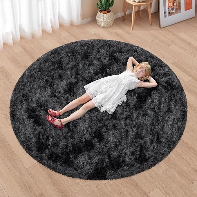 6x6 ft Tie Dye Black Round Rug for Bedroom Room Fluffy Circle Rug Furry Carpet Shaggy Circular Fuzzy Washable Non-Slip Large Area Rug Soft Indoor for Living Room Cute Aesthetic Home Decor