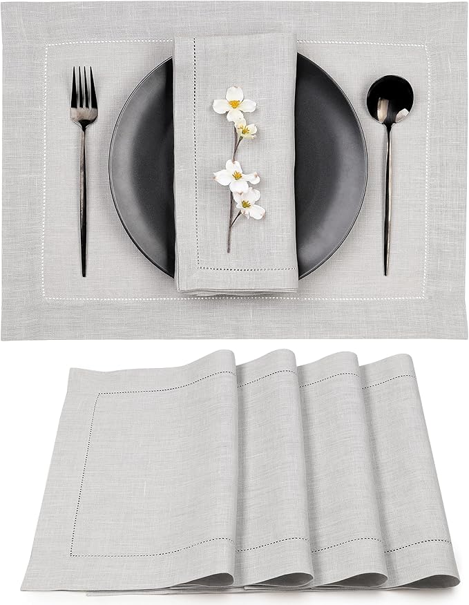 D'Moksha Homes Silver Grey Linen Cloth Placemats Set of 4-100% Pure Linen Hemstitch Placemats 14 x 19 Inch - Classic Hemstitch Table Place Mats for Fall, Halloween - Handcrafted and Machine Washable