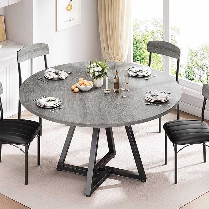 Round Kitchen Dining Room Table Circle Dining Dinner Table with Pedestal Metal Frame, Space Saving Wood Industrial Furniture for Small Space (Grey, 47IN)