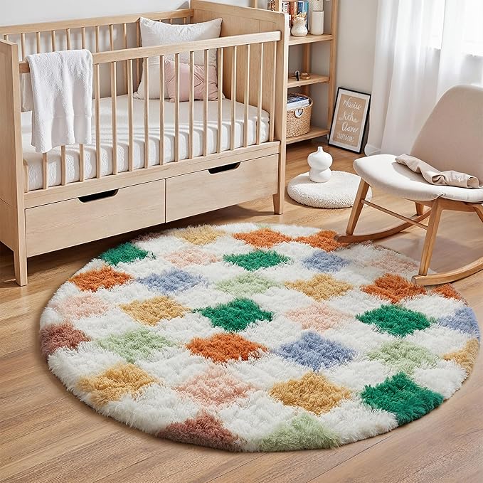 Checkered Rug 4x4 for Living Room, Modern Neutral Shag Rug Super Soft Washable Fluffy Rugs Indoor Fuzzy Carpet for Bedroom Home Dorm Aesthetic Decor
