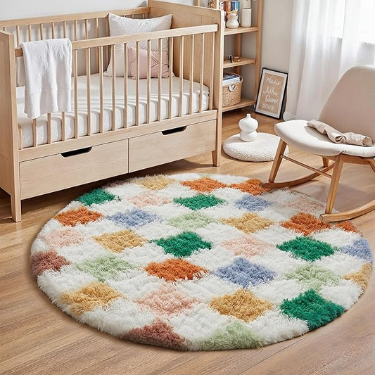 Checkered Rug 4x4 for Living Room, Modern Neutral Shag Rug Super Soft Washable Fluffy Rugs Indoor Fuzzy Carpet for Bedroom Home Dorm Aesthetic Decor