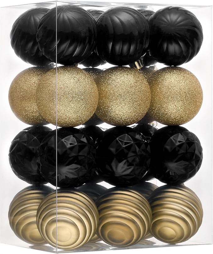 Valery Madelyn Christmas Ornaments Tree Decorations Set for Fall Halloween, 24ct Black Gold Shatterproof Ball Ornaments, 2.36" Hanging Ornament Bulk for Xmas Holiday Party Decor