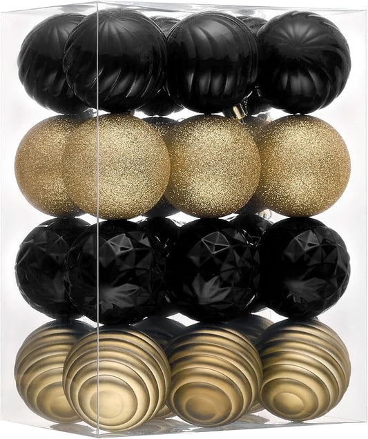 Valery Madelyn Christmas Ornaments Tree Decorations Set for Fall Halloween, 24ct Black Gold Shatterproof Ball Ornaments, 2.36" Hanging Ornament Bulk for Xmas Holiday Party Decor
