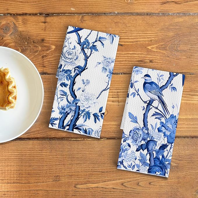 Chinoiserie Wildflower Bird Kitchen Towels Set of 2 - Retro Chinoiserie Tea Waffle Weave Towels for Kitchen Decorative, Chinoiserie Farmhouse Dish Towels Waffle Weave 16 X 24 Inch