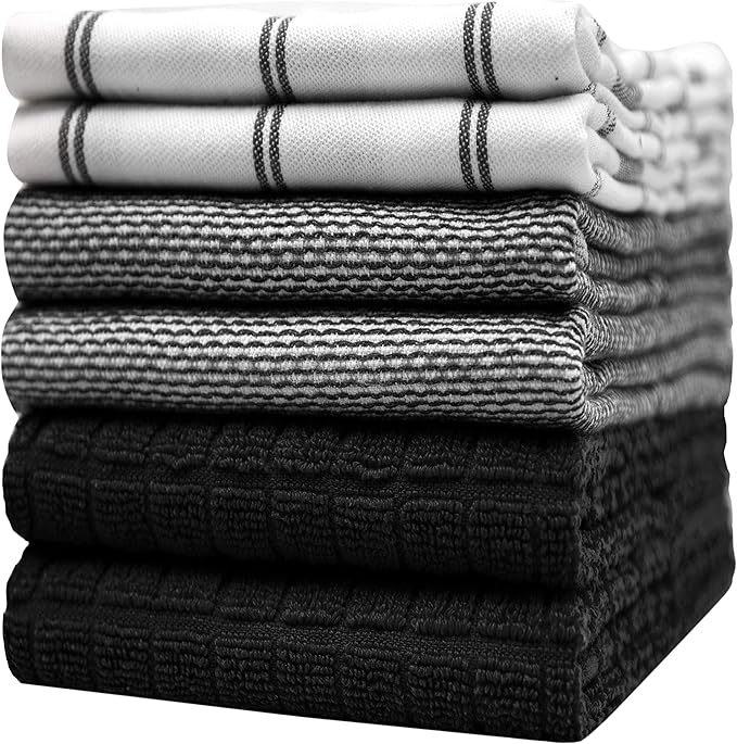 Premium Kitchen Towels (20”x 28”, 6 Pack) | Large Cotton Hand Towels | Flat & Terry Dish Towels | Highly Absorbent Tea Towels Set with Hanging Loop | Black Check