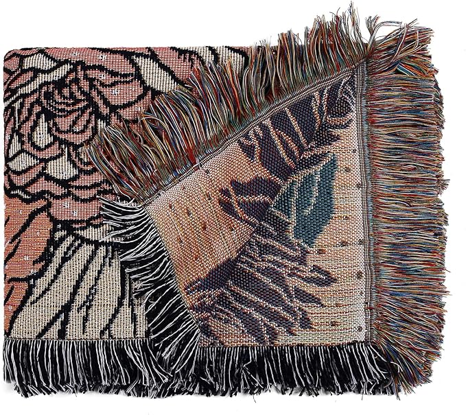 Boho Throw Blanket Reversible Cotton Bohemian Tapestry Hippie Room Decor Double Sided (Boho Flower Dark 50"x60")