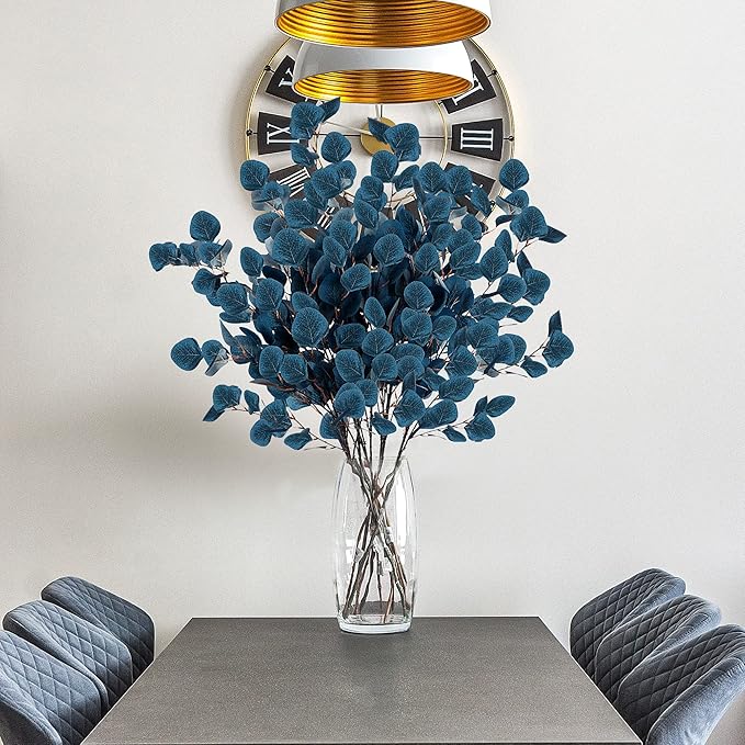 Sggvecsy 6 Pcs Eucalyptus Leaves Artificial Eucalyptus Stems Long Silver Dollar Leaves Faux Leaf Branches Fake Silk Eucalyptus for Spring Summer Home Festival Thanksgiving Christmas Decor (Blue)