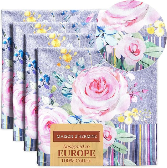 Maison d' Hermine Cloth Napkins Set of 4 100% Cotton Everyday Reusable Square Napkins Cloth Washable, Dinner, Party, Wedding, Restaurant, Spring/Summer (Sweet Rose Lavender - Lush, 20" x 20")