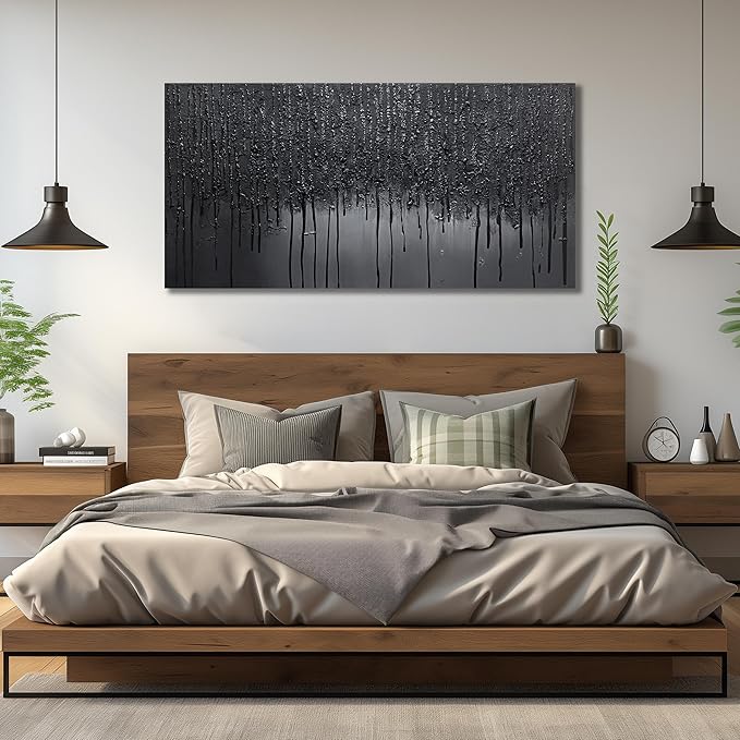 Black Hand Painted Wall Art for Office Abstract Wall Decor for Living Room Big Wall Art for Bedroom Men Size 29 x 58 Inch