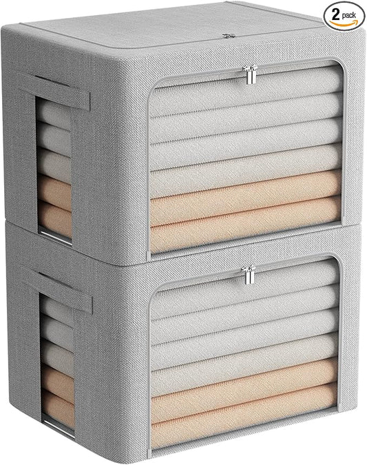 2 Pack Clothes Storage Bins Stackable Metal Frame Storage Box Large Capacity Foldable Linen Fabric Box Organizer with Carrying Handles and Clear Window(Light Gray, 23.6X 16.5X 15.7 Inch)