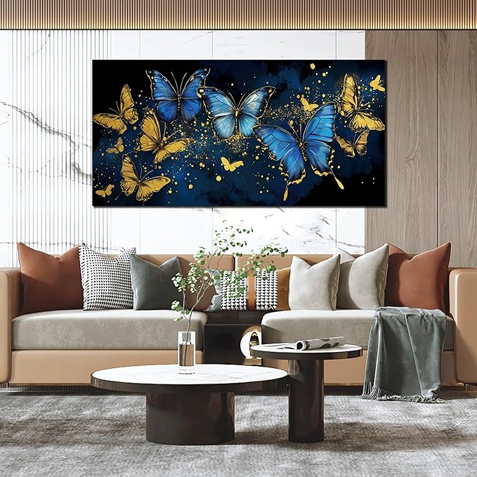 Butterfly Canvas Wall Art for Living Room - Modern Wall Art Office - Blue and Gold Butterfly Wall Art for Bedroom Size 29" x 59"