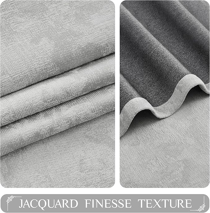 Beauoop Grey Floral Jacquard Blackout Curtains 72 Inches Long 2 Panels for Bedroom Living Room Gray Flower Chenille Room Darkening Thermal Insulated Soundproof Grommet Window Treatments Drapes, 52x72