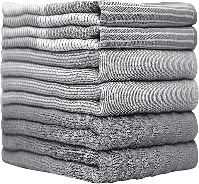 Premium Kitchen Towels (20”x 28”, 6 Pack) | Large Cotton Kitchen Hand Towel | Flat & Terry Dish Cloths | Highly Absorbent Tea Towels Set with Hanging Loop | Gray