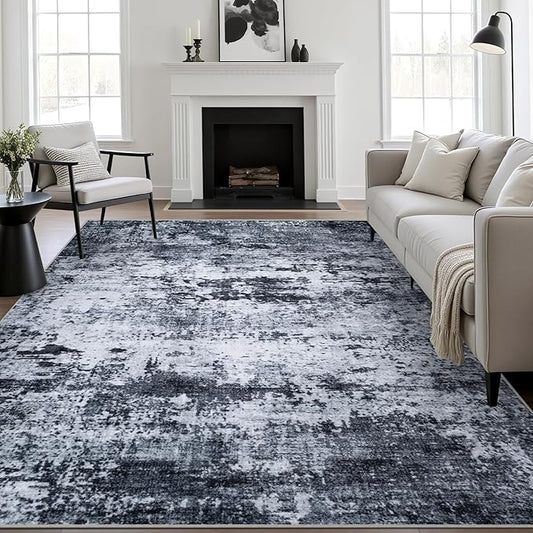 6x9 Area Rug Living Room Rug: Washable Modern Abstract Soft Thin Rug Indoor Floor No Slip Stain Resistant Carpet for Bedroom Dining Room Farmhouse Nursery Home Office - Black
