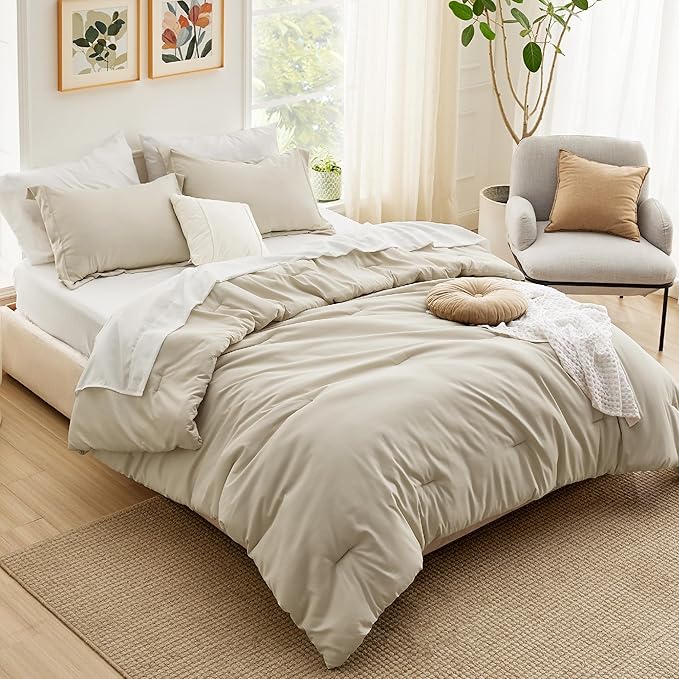 Bedsure California King Size Comforter Set Beige, 7 Pieces Boho Bed in a Bag, Gift for Christmas Contrasting Design Bedding Set with Soft Comforter, Sheets, Pillowcases & Shams