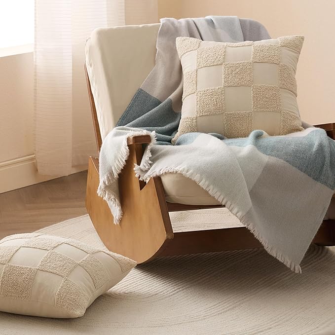 Double Stitch 100% Cotton Throw Pillow Covers - Set of 2 Checkered Tufted Boho Decorative Pillow Covers 20x20, Made in India, Square Cushion Case, Modern Home Decor for Couch, Sofa, Living Room, Oat