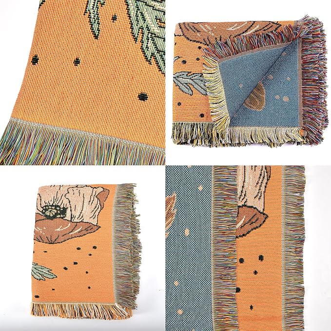 Boho Throw Blanket Reversible Cotton Bohemian Tapestry Hippie Room Decor Double Sided (Boho Bee Yelow 50"x60")