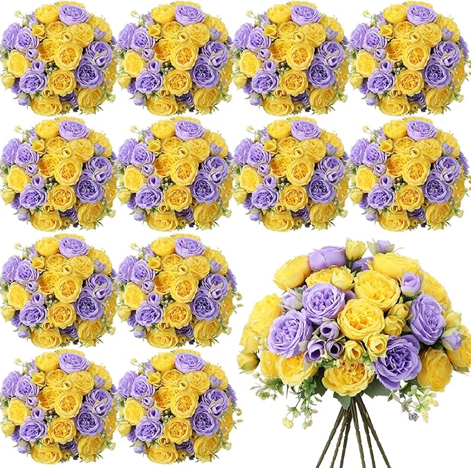 Geosar 16 Bundles Artificial Peonies Flowers Fake Silk Peony Bouquet Faux Peonies Flowers Bulk for Decoration Vase Florals Arrangements Wedding Party Table (Purple,Yellow)