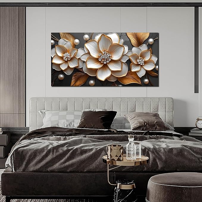 Large Flower Canvas Wall Art Bedroom - White and Gold Wall Decor for Girls Room - Floral Dining Room Wall Art Size 29" x 59"