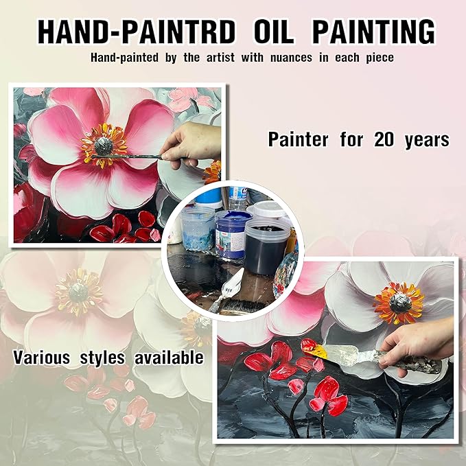 Pink and White Flower Wall Paintings for Bedroom - Bedroom Wall Decor for Teen Girls - Large Modern Hand Painted Framed Wall Art Size 29" x 59"