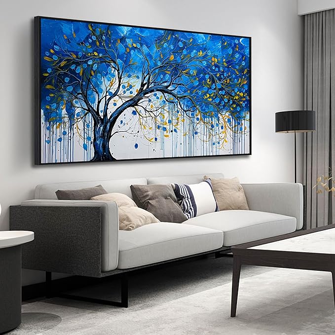 Tree Painting Wall Art for Living Room - Blue Abstract Hand Painted Wall Art for Bedroom - Modern Framed Wall DecoeOffice Size 29" x 59"