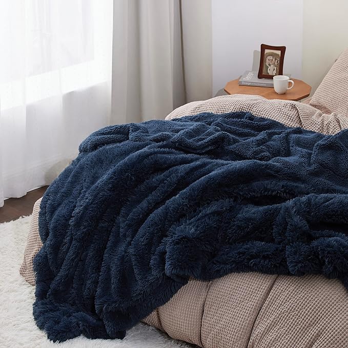 Bedsure GentleSoft Fluffy Navy Blue Blankets Queen Size for Bed, Thick Sherpa Fleece Faux Fur Fuzzy Plush Winter Warm Soft Full Queen Blankets, Bedroom Decor Blue Gifts for Women Men, 90x90