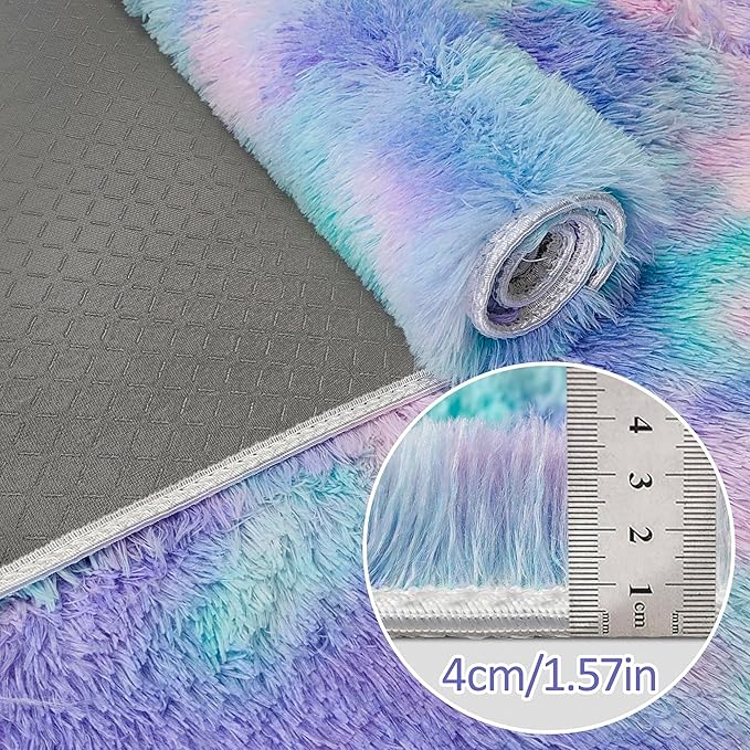 Tie-Dye Purple Rainbow Rug for Living Room 5x8ft Fluffy Modern Shag Area Rug Mat Bedside Throw Rug for Bedroom Kids Room Boys Teens Nursery Baby Dorm Office Home Decor Soft and Cozy Carpets