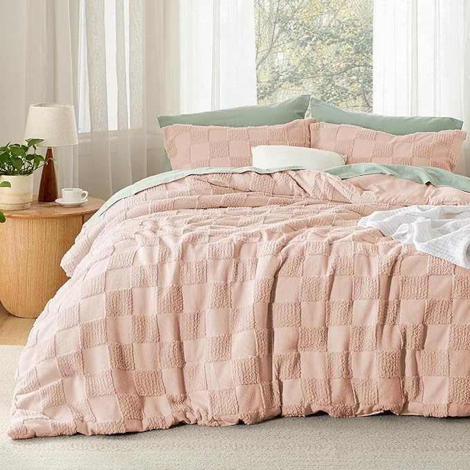 Bedsure King Size Comforter Set Dusty Rose, Boho Tufted Bed Set, Checkered Farmhouse Shabby Chic Bedding, 3 Pieces, 1 Plaid Geometric Comforter and 2 Pillow Shams