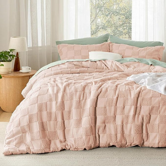 Bedsure King Size Comforter Set Dusty Rose, Boho Tufted Bed Set, Checkered Farmhouse Shabby Chic Bedding, 3 Pieces, 1 Plaid Geometric Comforter and 2 Pillow Shams