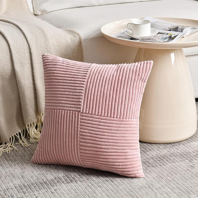 Fancy Homi 4 Packs Blush Pink Decorative Throw Pillow Covers 20x20 Inch for Living Room Couch Bed, Rustic Farmhouse Boho Home Decor, Soft Cross Corduroy Patchwork Accent Square Cushion Case 50x50 cm