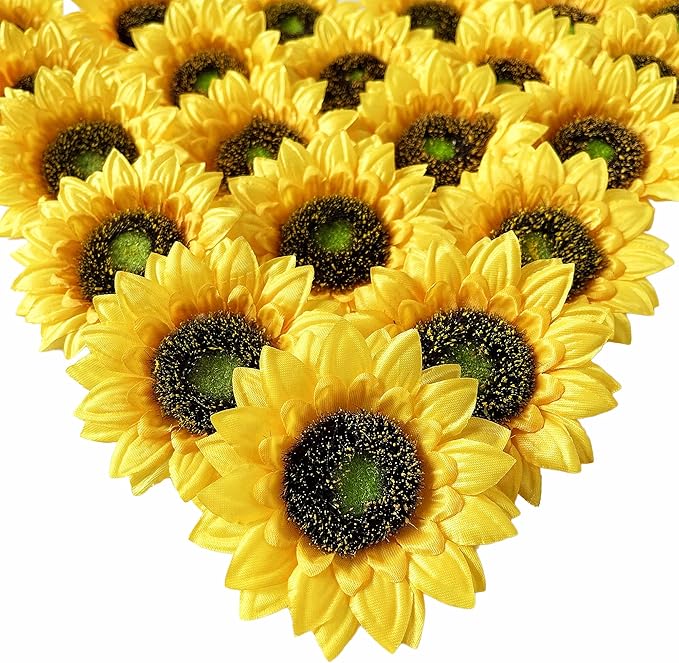 Ukeler 50pcs 3.5'' Artificial Sunflower Heads Bulk Yellow Sunflower Artificial Flowers Faux Silk Sunflower Decoration for Baby Shower Home Christmas Tree Wedding Birthday Party Garden Decor