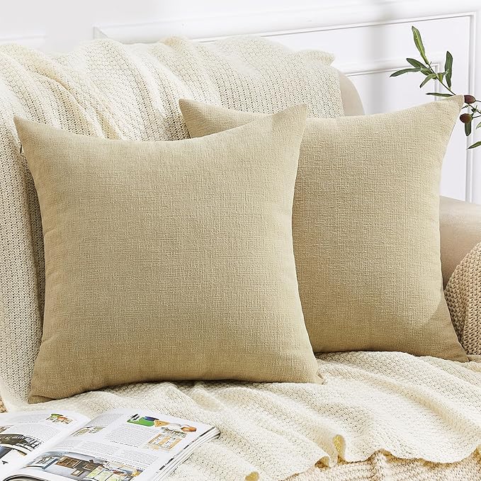 GAWAMAY Decorative Chenille Throw Pillow Covers 24x24 Inch Pack of 2, Soft Square Couch Pillow Cover for Sofa Cushion Living Room Bedroom Solid Dyed Pillowcases Khaki 60x60cm (ONLY Covers)